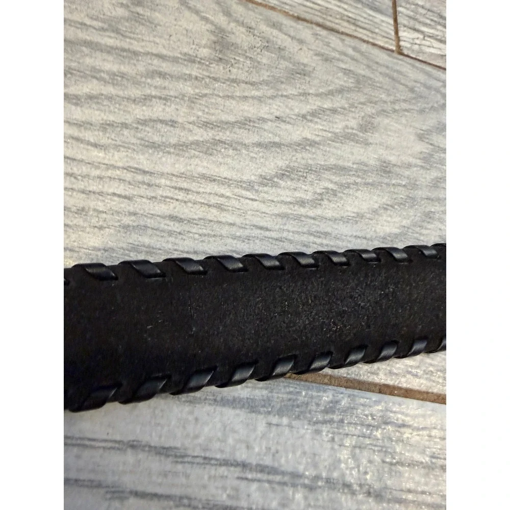 Braided Edge Genuine Leather Belt Mens 44 Black Whipstitch Silver Buckle Western